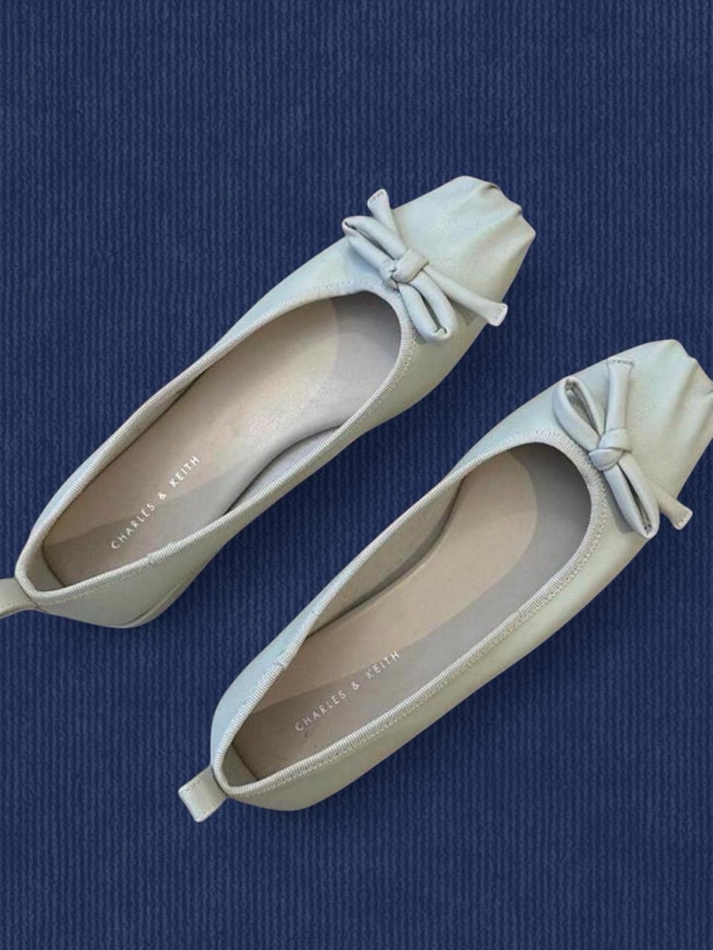 Charles & Keith Cream Ruched Ballet Flats with Bow Detail